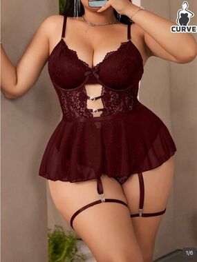 Plus Size Burgundy Lace Babydoll Lingerie with Garter Straps